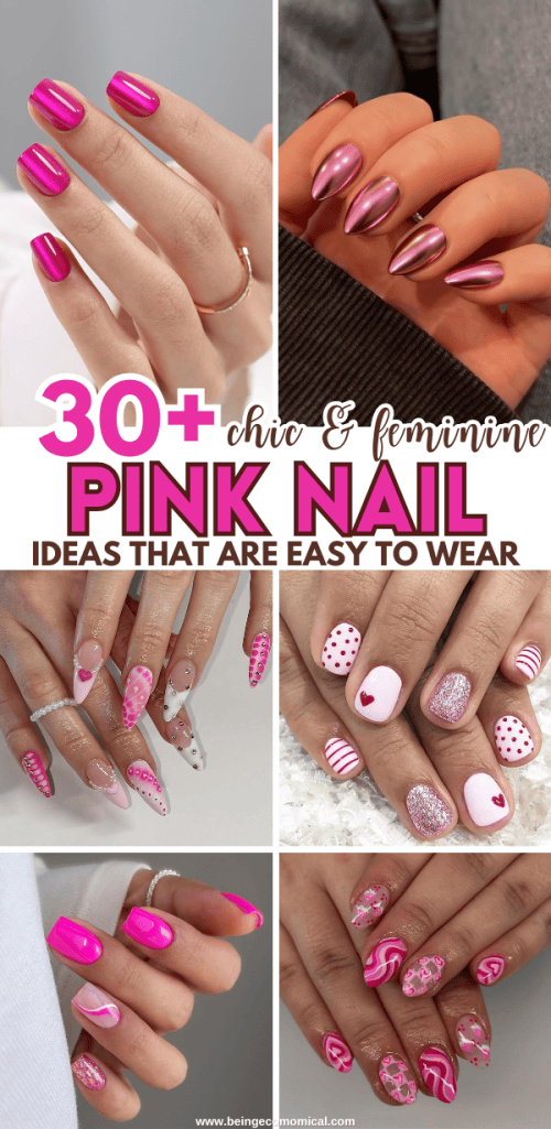Collage of various pink nail designs showcasing chic and feminine styles, including solid colors, glitter, and nail art accents.