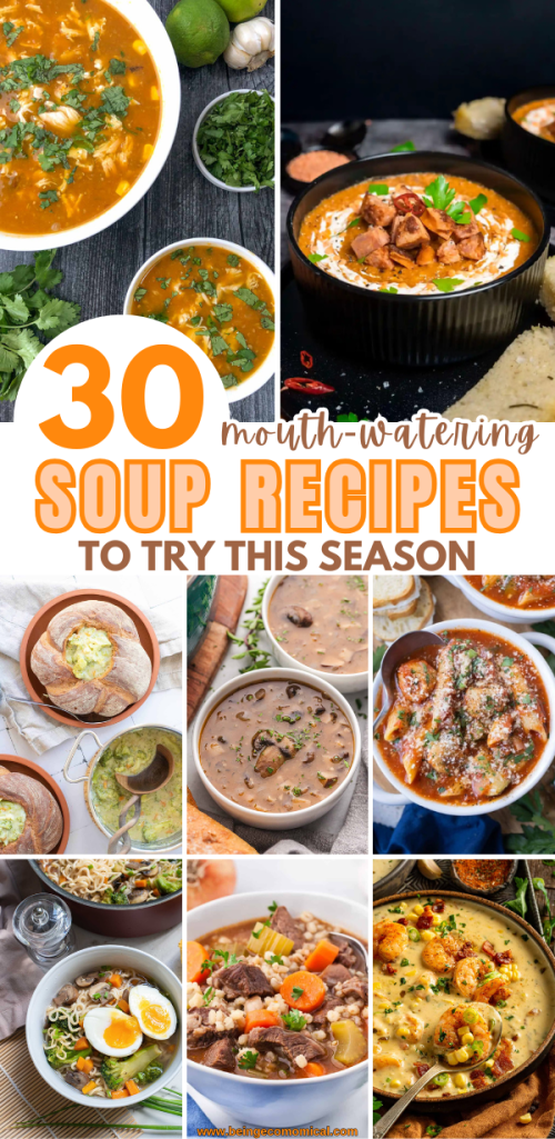 A collage of various soup dishes including a hearty bowl with toppings, creamy soups, and rustic bread bowls, featuring diverse ingredients and flavors.
