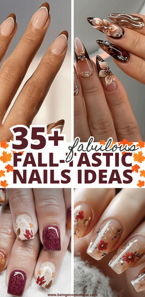 A collage showcasing various fall nail designs, featuring elegant French tips, artistic floral patterns, and autumn-themed colors like burgundy and gold.
