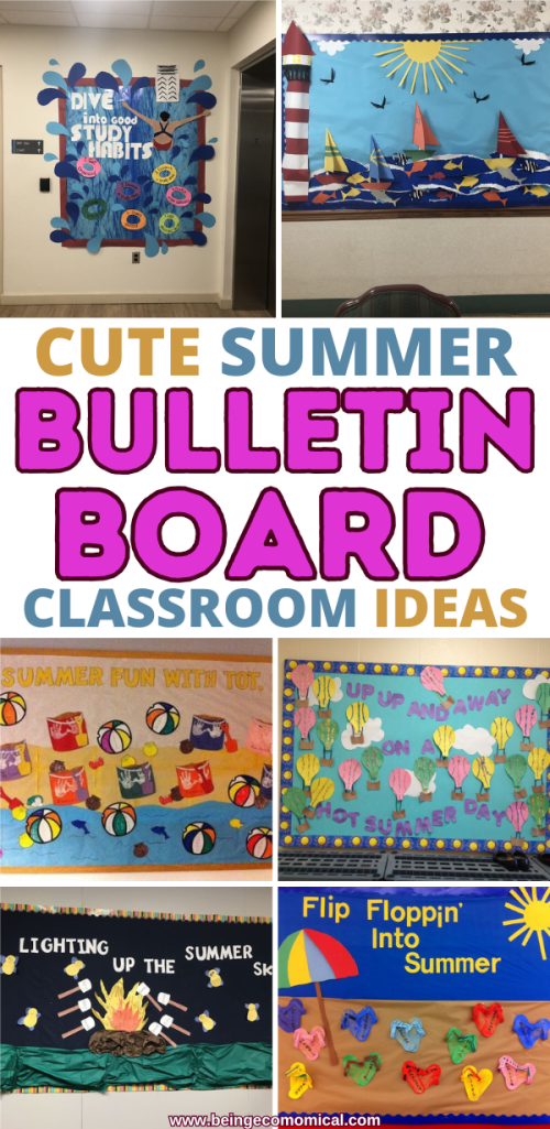 Colorful bulletin board ideas for summer themes, featuring decorations like beach balls, ice cream, and summer fun illustrations.