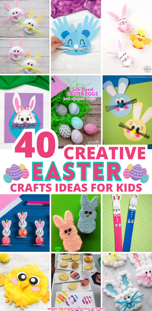 A collage of creative Easter crafts for kids, featuring bunnies, eggs, and chick designs, along with colorful decorative elements and instructions.