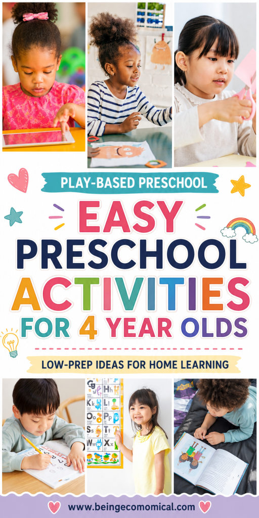 Pinterest pin with at-home learning activities for 4 year olds including reading, writing, crafts, nature and play.
